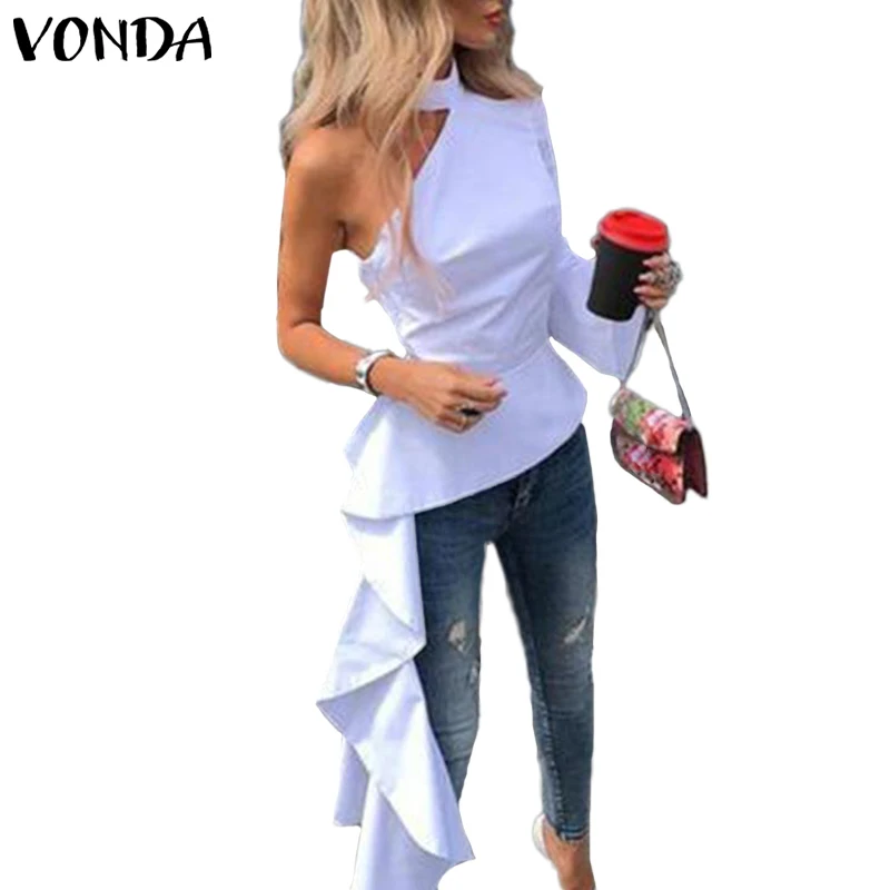 VONDA, асимметричная туника, женская блузка на одно плечо, лето, для вечеринки, Длинные рубашки, офис, праздник, топы, Повседневная блуза размера плюс - Цвет: Белый