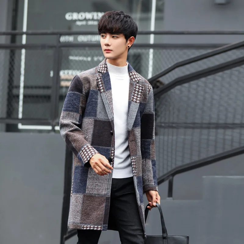 Красивые осенние и зимние мужские куртки и пальто Casaco Masculino, клетчатое пальто, мужское шерстяное пальто в Корейском стиле, мужская верхняя одежда - Цвет: Brown
