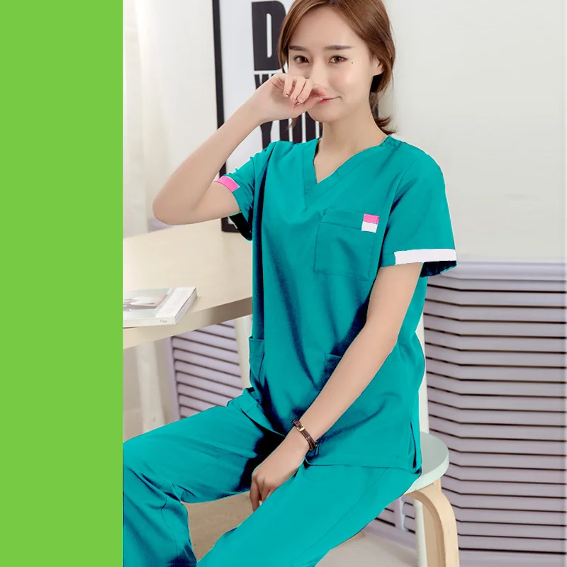 [SET] Women's Fashion Scrubs Set V Neck Contrasting Color Design Pure Cotton Top + Pants