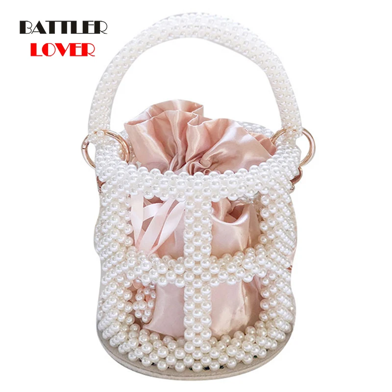 Hollow Out Pearl Bucket Handbags For Women 2021 Elegant Hand Woven Beaded Shoulder Bag Ladies Wedding Party Dinner Prom Purses