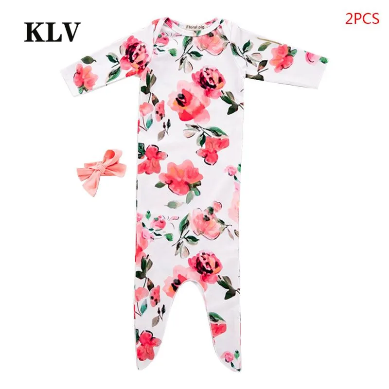 KLV/2 шт./компл. Одежда для новорожденных с длинными рукавами и цветочным принтом для Обёрточная бумага ткань оголовье, набор Пижама комбинезон спальный мешок детское постельное белье bebe реборн