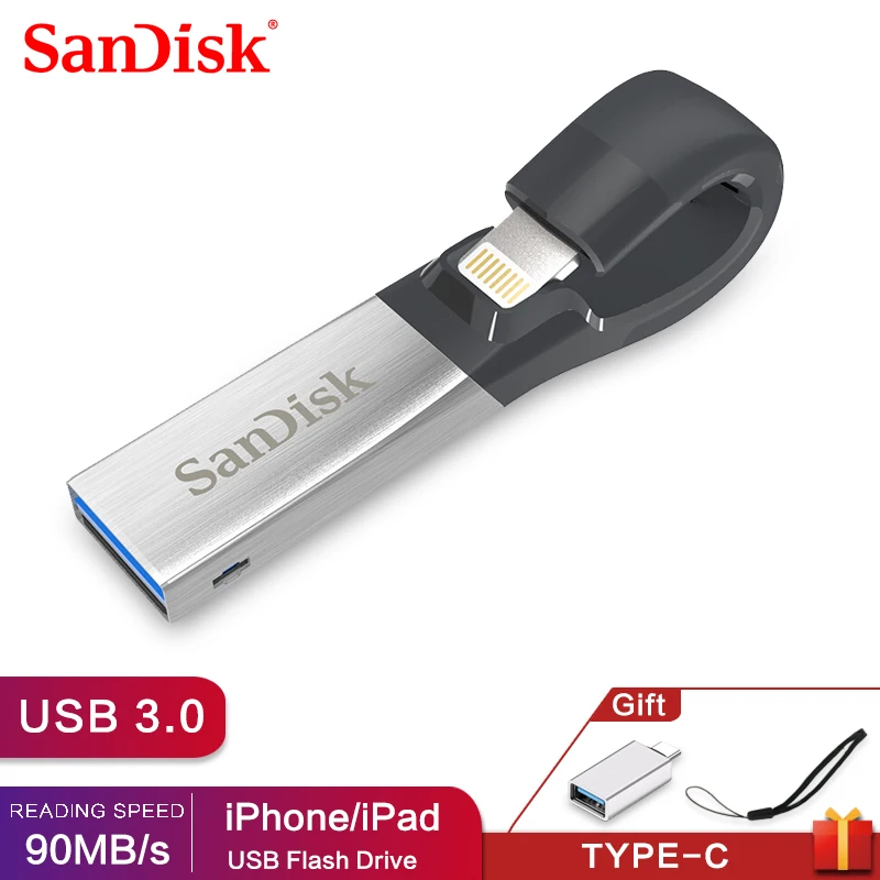 SanDisk USB флэш-накопитель iXPand U диск OTG Lightning Разъем USB3.0 Флешка 16 ГБ 32 ГБ 64 ГБ 128 ГБ MFi для iPhone и iPad SDIX30N - Цвет: Free-Type-c