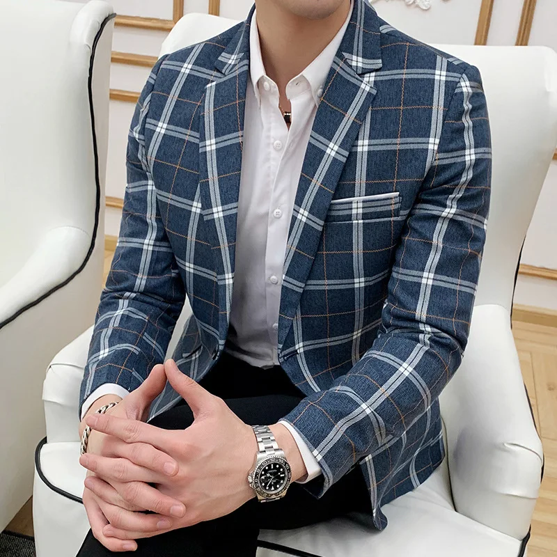 Spring Men's Plaid Blazer Fashion Business Casual Slim Suit Jacket Large Size Banquet Wedding Party Club Dress | Мужская одежда