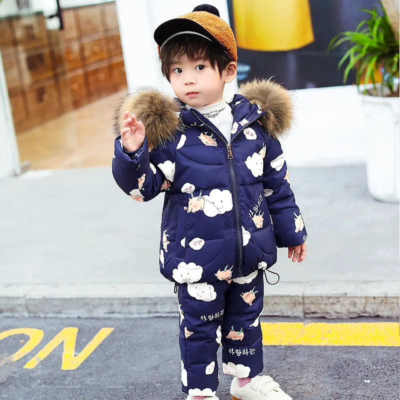 Winter children's down suit Girls pink snow suit Boy ski down suit Baby windproof down jacket+ thick Keep warm down pants