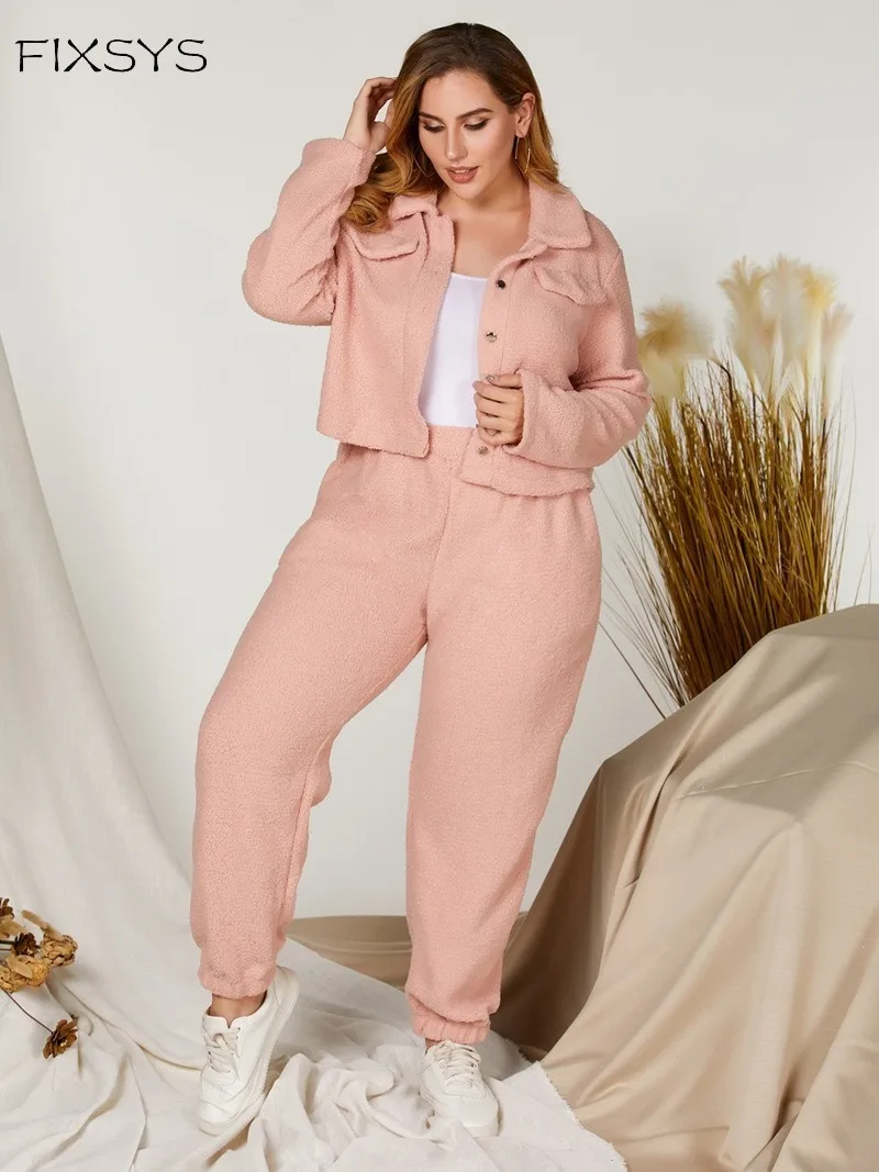 

Winter Lamb Wool Two Piece Set Elegant Grain Cashmere Long Sleeve Turn Down Collar Jackets + Pants Tracksuit Women Clothes 3XL