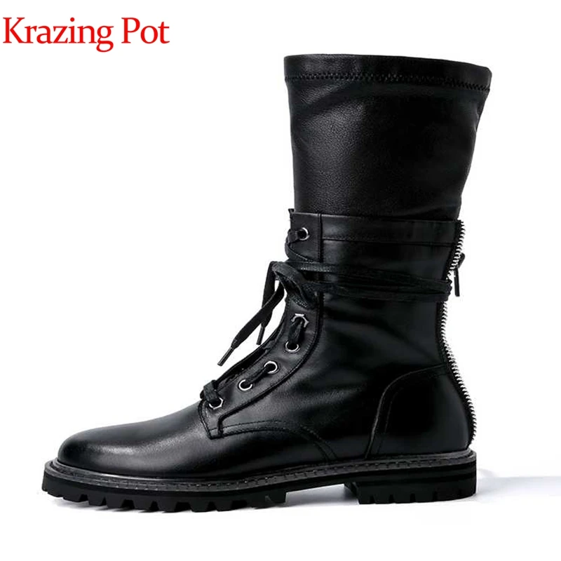 Krazing pot/ г. Сапоги до середины икры из натуральной кожи, с круглым носком, на низком каблуке, с перекрестной шнуровкой, черного цвета, в британском стиле, для школы l22