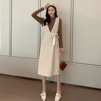 

2019 Solid Pullover and Midi Loose Pinafore Dress Women Fall 2 Piece Set Plus Size Winter Modis Streetwear Ladies Two Piece Set
