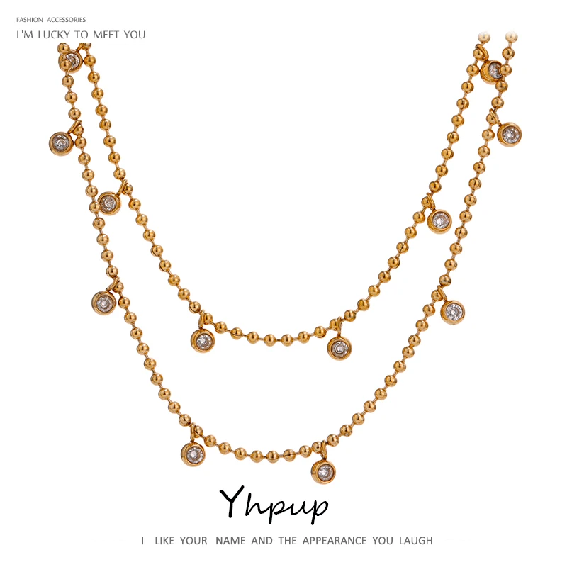 Yhpup Zirconia cube, double-layer stylish bead, jewelry stainless steel necklace, rustproof