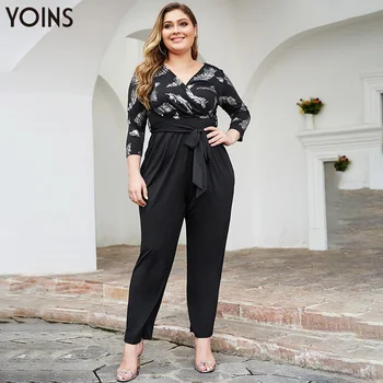 

YOINS Plus Size Leather Print V Neck Zipper Back Belt Long Sleeve Wrapped Jumpsuit 2020 Women Casual Playsuits Rompers Trousers