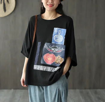 

Summer T-shirt Fashion Women Large size Loose Tops 2020 New Female O-Neck Batwing Sleeve Print Casual All-match T-shirt Tops