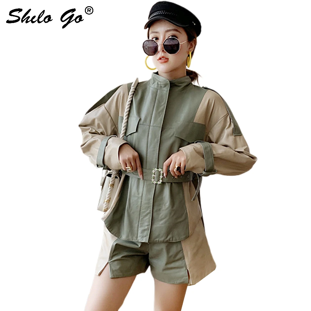 Комплект из натуральной кожи с модным воротником цветным блочным вырезом