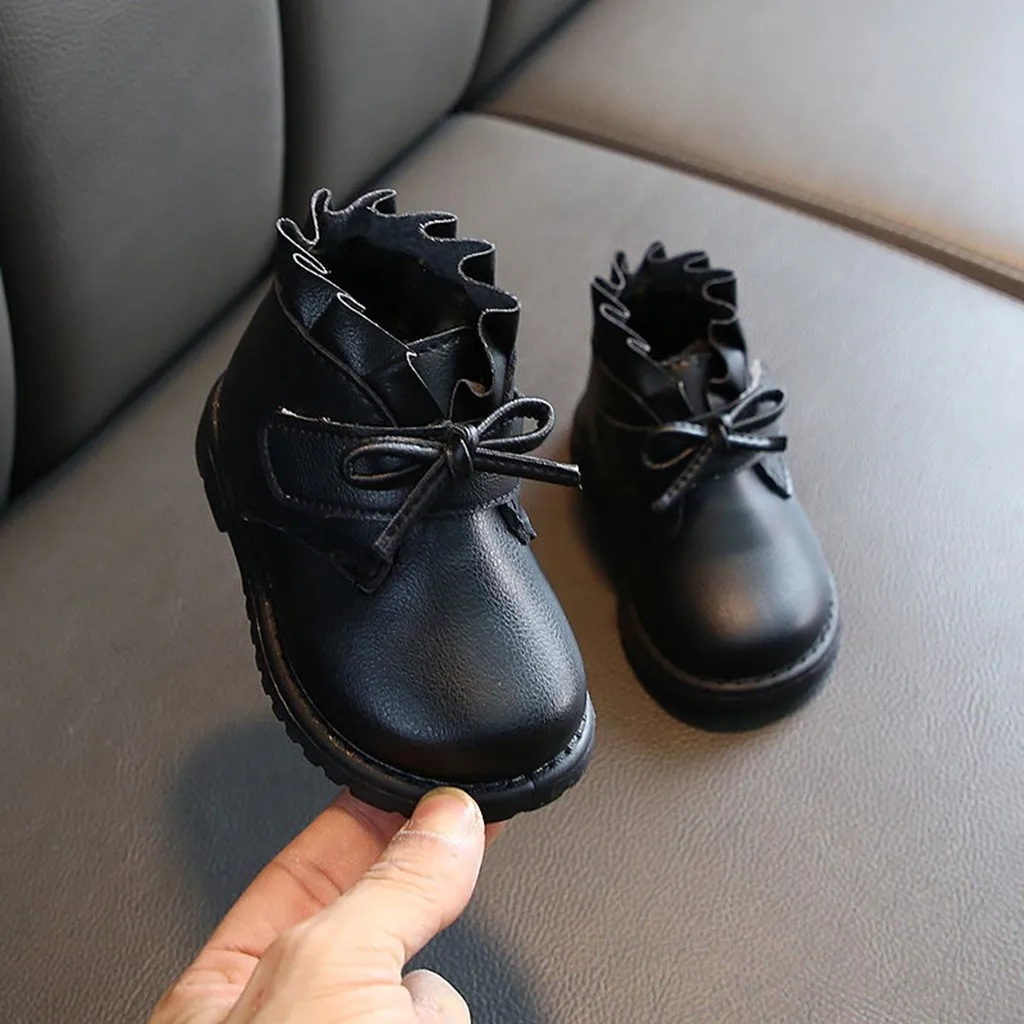Зимние ботинки из искусственной кожи для малышей; однотонные теплые короткие ботинки на плоской подошве с бантом для девочек; повседневные ботинки; мягкие ботинки для маленьких девочек