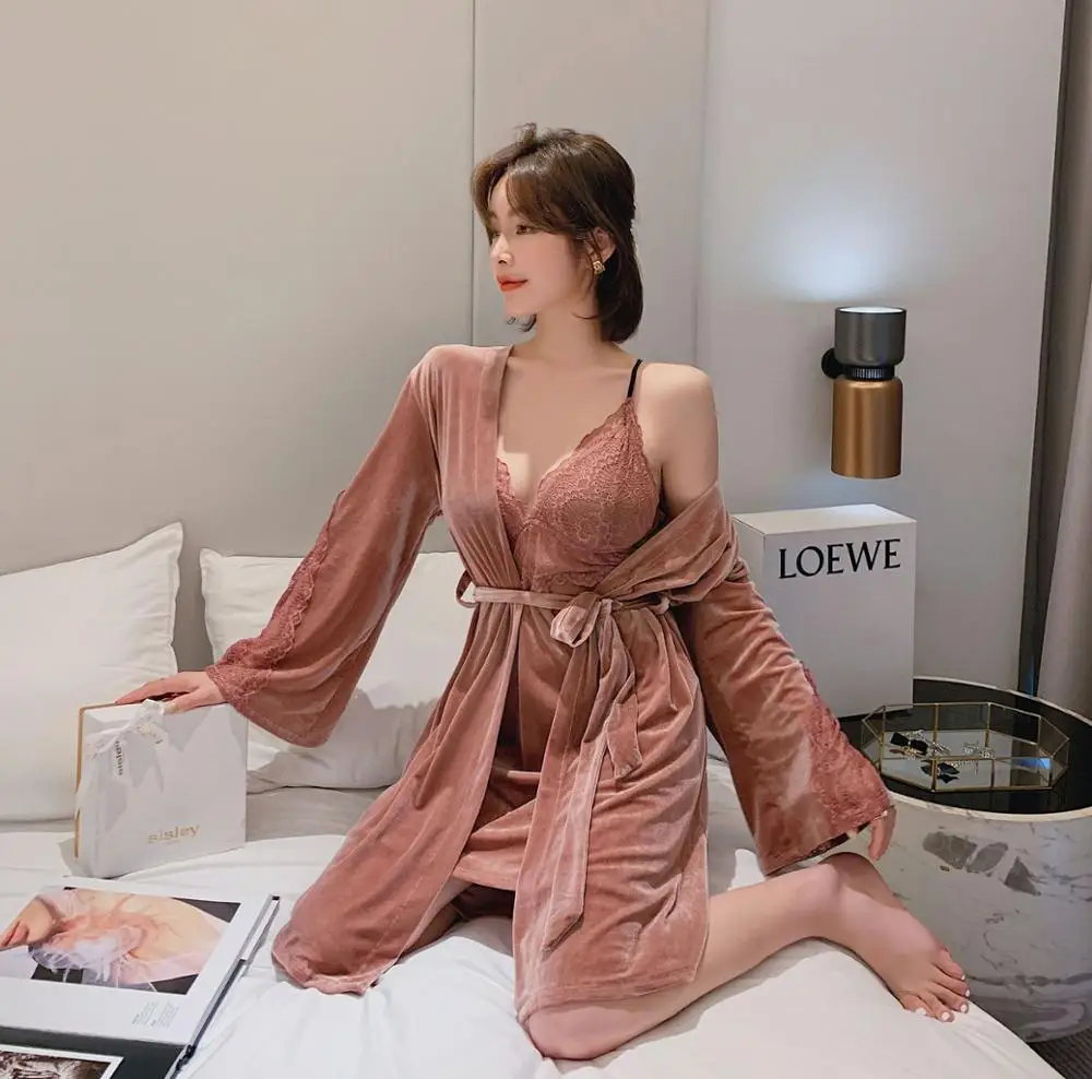 2PCS Sexy Velvet Robe Set With Belt 