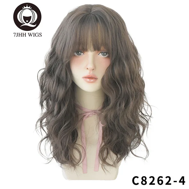 7JHH WIGS Blue Deep Wave Wig With Bangs For Women Long Omber Brown Hair Layered Heat Resistant Cosplay Party Synthetic Wig QP-6A-9