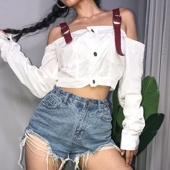 

Popular INS Celebrity Slash Neck Leather Spaghetti Strap Sexy Short Blouse Top Women Long Sleeve Shirt