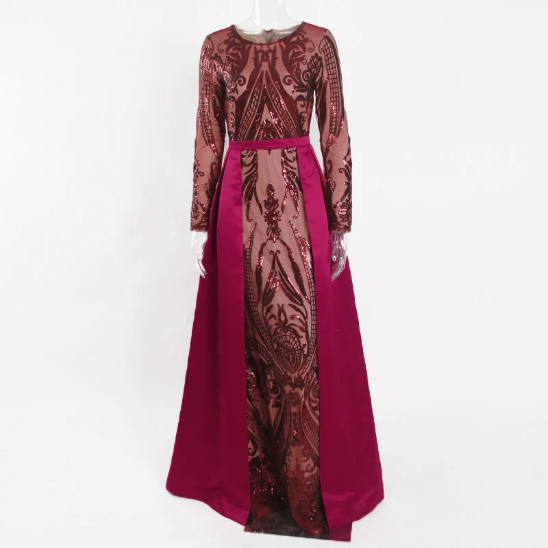 Бургундское бальное платье с блестками О-образным вырезом с длинными рукавами длиной до пола эластичное вечернее платье осень зима зеленый - Цвет: Бургундия