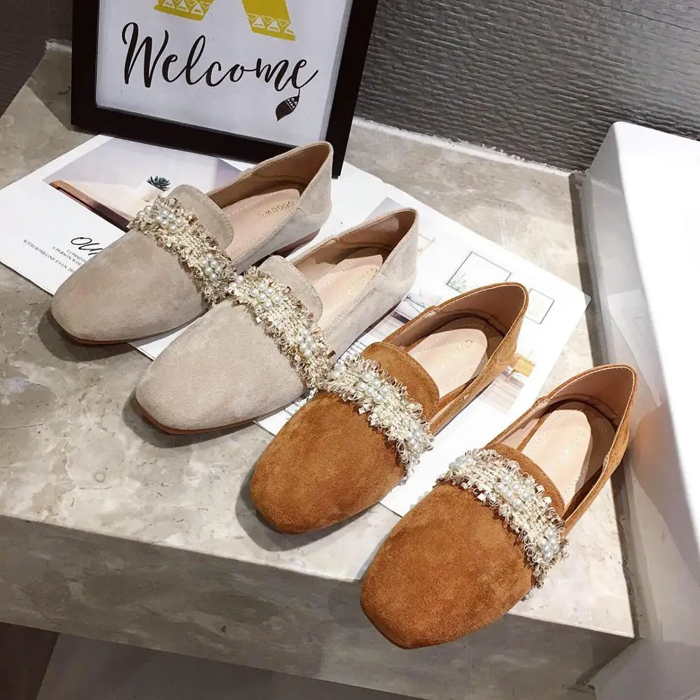 Fringe beading square toe flats slip on casual solid flock brief moccasins comfy brief women shoes leisure femme korean loafers
