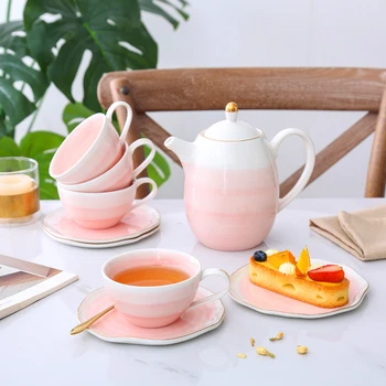 

Pink Marble Ceramics Coffee Cup Set Milk Mug Tea Pot With Octagonal Saucer Afternoon Teaware Friend Wedding Gifts