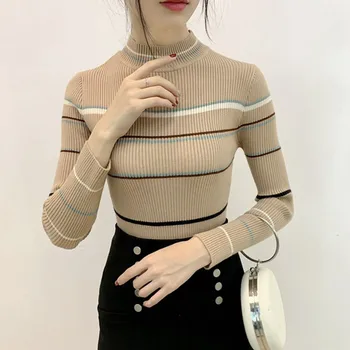 

Female Autumn Pullovers Knitted Tops Casual Striped Sweaters Women Turtleneck Sweaters