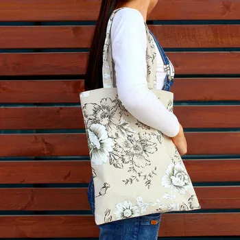 

2020 New Fashion Handmade Floral Big Flower Cotton Linen Eco Reusable Shopping Shoulder Bag Tote
