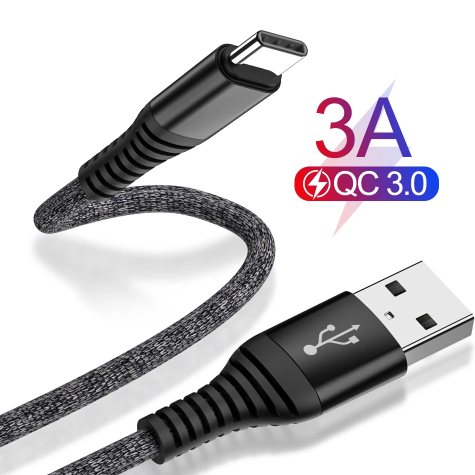 USB кабель 3 А типа C для samsung S10 huawei P30 Pro QC3.0 Быстрая зарядка type-C телефонный кабель нейлоновый Плетеный провод USB C кабель