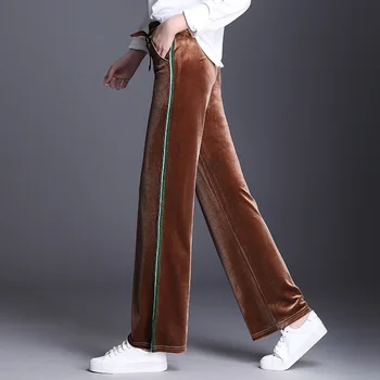 

Nonis Side Stripe Pleuche Women Wide Leg Pants For 2019 Autumn Female Plus Size Elastic High Wasit Drawstring Trousers Straight