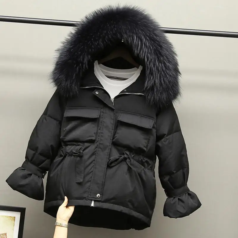Fitaylor зимние женские парки на утином пуху 90%, тонкие куртки, большой натуральный мех енота, с капюшоном, теплые зимние пальто, черная верхняя одежда - Цвет: BlackCollar