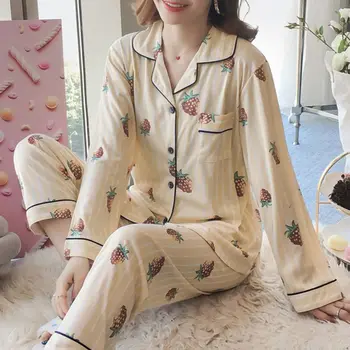 

Womens Pajamas Set Kawaii Cartoon Printed Long Sleeve Sleepwear Button Down Notch Collar Loose Pants Loungewear M-2XL 19 Styles