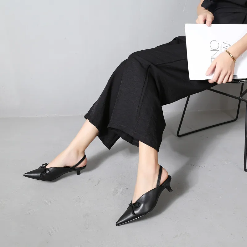 Genuine Leather White Black Ladies Wedding Shoe Sexy Pointed Toe Bowtie Party Shoes Slingback Pumps Women Slip On Yellow Sandals