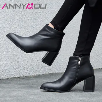 

ANNYMOLI Genuine Leather Ankle Boots Women Zipper Square High Heels Short Boots Real Leather Pointed Toe Shoes Lady Autumn 33-40