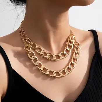 

SHIXIN Punk Thick Cuban Link Chain Choker Necklace for Women Hiphop 2 Layered Chunky Necklaces Statement Fashion Jewelry Collier