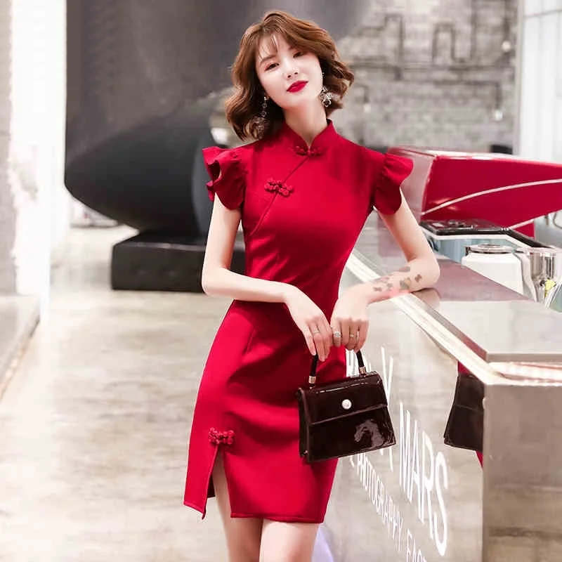 Современный китайский Чонсам Ципао женский короткий Vestido тонкое повседневное Ретро восточное платье Красный Черный Cheongsam свадебное платье TA1805