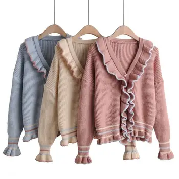 

Women 2019 Patchwork Oversized Sweater Ruffles Flare Sleeve Short Jumpers Loose V Neck Korean Knitwear Cardigans