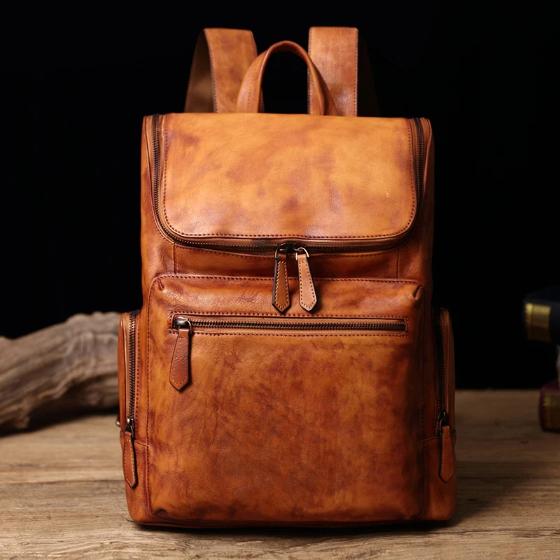 

man travel bag mountaineering backpack vintage Genuine Leather Large capacity bucket shoulder bag Daypack Male handmade