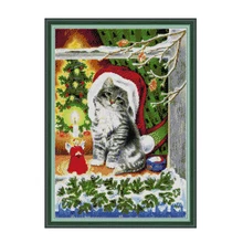 Рождественский котенок 2 Набор для вышивки крестом aida 14ct 11ct Печать на холсте вышивка крестиком es рукоделие вышивка своими руками