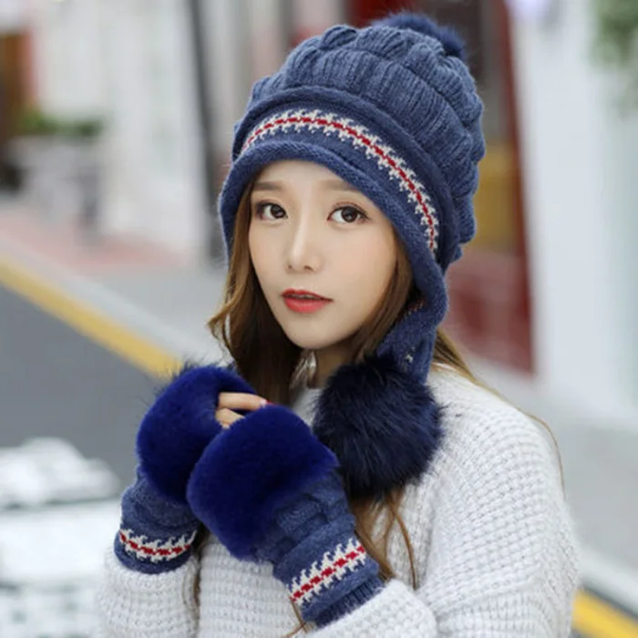 Модная женская вязаная шапка, набор перчаток, Рождественский Теплый головной убор, полный набор перчаток для зимы, XIN