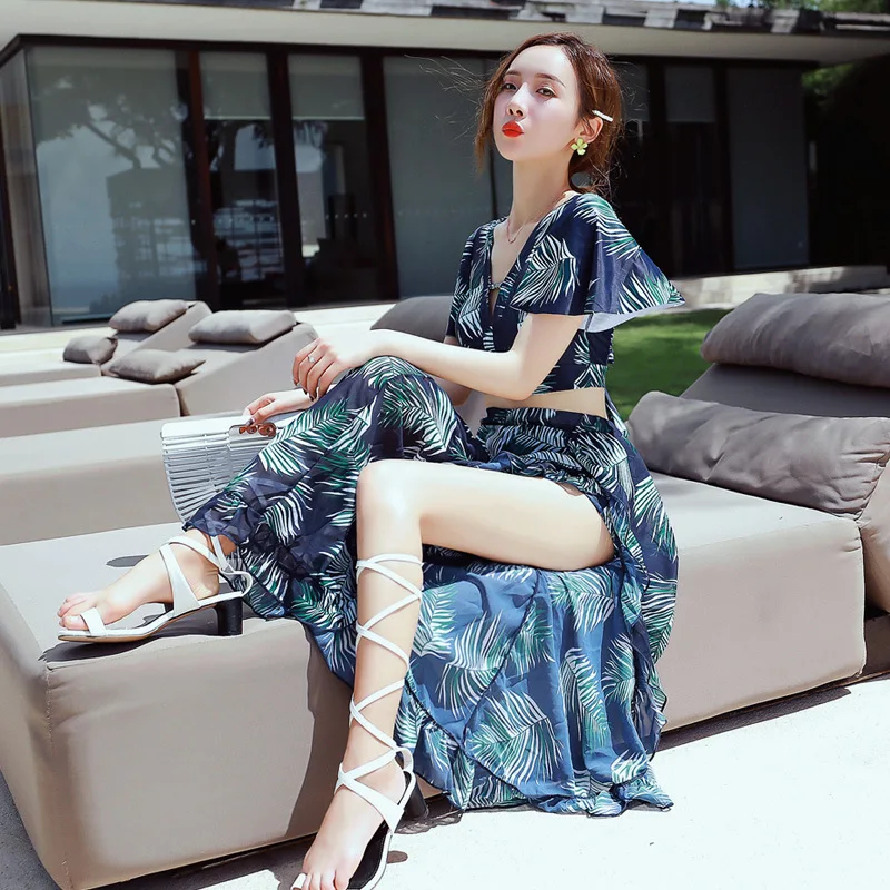 

Bathing Suit Women's Split Type Three-piece Set Conservative Long Immortal Seaside Holiday Elegant Korean-style Slimming Belly C