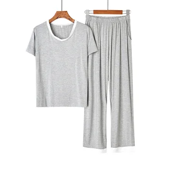 

Cotton Pajama Sets Spring Summer Simple Comfortable Modal Knitting Sleepwear Female V-neck Short Sleeve Full Pants Solid Pajamas