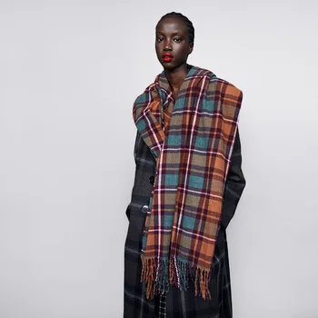 

2019 new arrival imitated cashmere scarf women check plaid acrylic wool shawl wraps with tassel winter thick warm brand scarf
