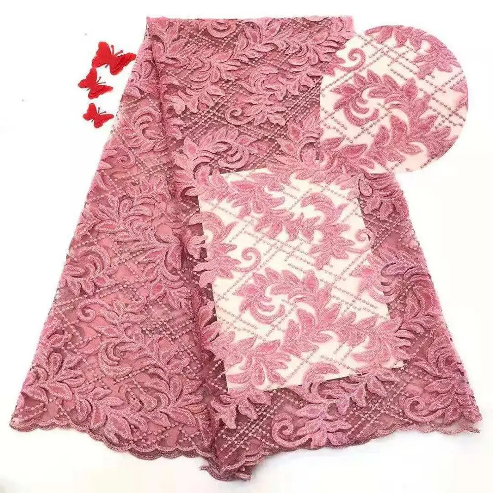 

Nigerian Lace Fabrics For Wedding 2019, African French Lace Fabric High Quality 3D Lace, Velvet Lace With Sequins pink