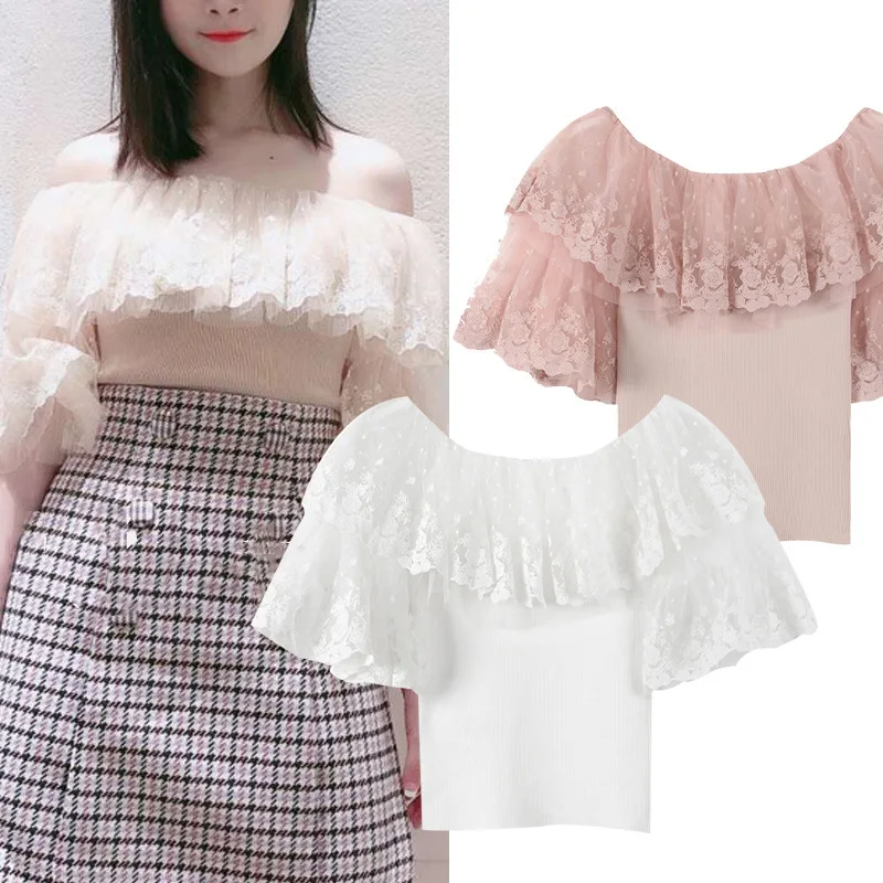 Nieuw In Het Voorjaar Van De Nieuwe Jurk Een Woord Bracht De Dauw Schouder Lace Mouwen Op Vijf Maken trui Jas Mode