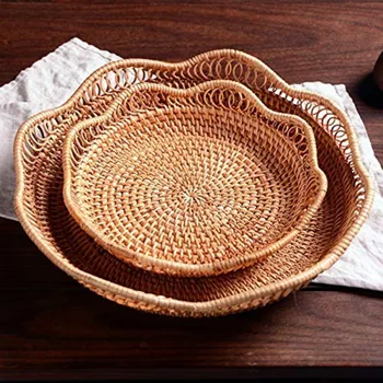 

Handmade Food Fruit Wicker Rattan Straw Basket Flower Shape Round Dessert Plate Kitchen Bread Serving Storage Organizer
