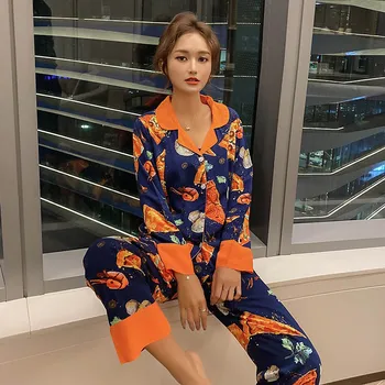 

Women Pajamas Set Color Collision Pizza Printed Turn-down Collar Sleepwear Loose Thin Ladies Cotton Satin Homewear For Spring