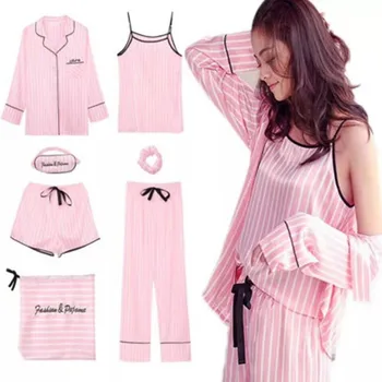 

Pink Striped Pajamas Silk Satin Femme Pajama Set 7 Pieces Stitch lingerie Robe pyjamas Women Sleepwear pjs
