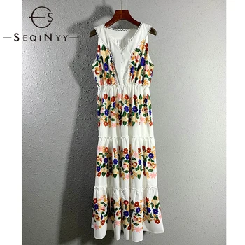 

SEQINYY Midi Vest Dress 2020 Summer Spring New Fashion Design Women Sleeveless Flwoers Print Stripes White Dress Slim Runway
