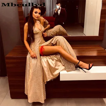 

Mbcullyd Split Prom Dresses Long 2020 Deep V-neck Evening Dress For Women Glitter Sequined Modest vestidos de fiesta de noche