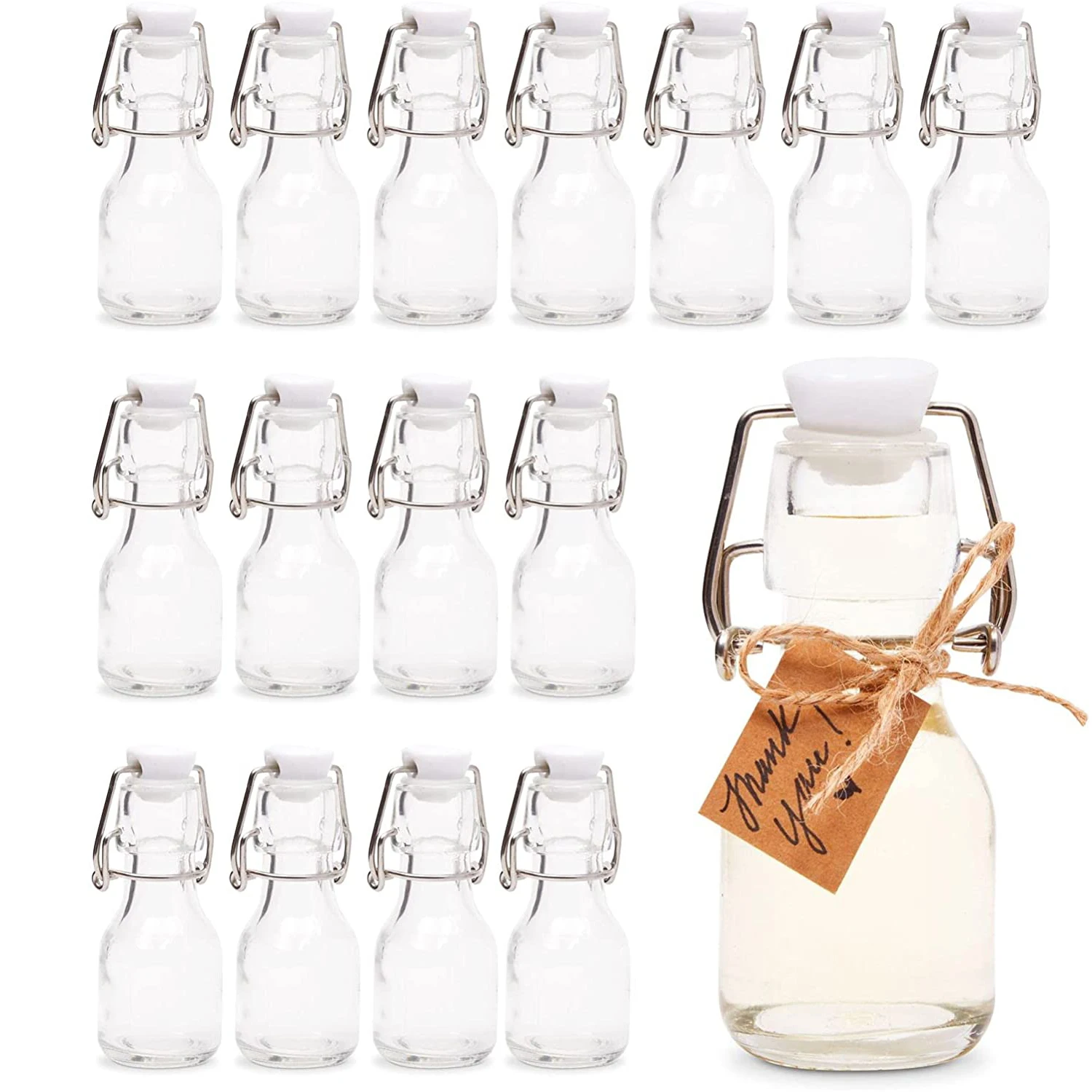 ZSMKJIAYE 30Pcs Mini Swing Top Bottles With Stoppers 2 Oz Mini Flip Top Glass Bottles With Kraft Paper Tags And Jute Twine For Crafts Decoration Valentine's Day Wedding Themed Party Favors