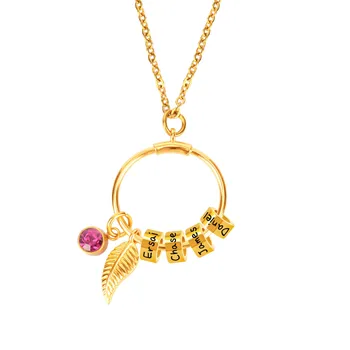 

Personalise Women Stainless Steel Bead Pendant Necklace With Leaf /12 Months Birthday Stone Charm Necklace Custom 1-7 Name Beads