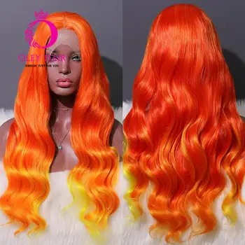 

OLEY Glueless Ombre Orange Lace Front Wig High Temperature Long Wavy Cosplay Wig Middle Part Synthetic Wigs For Black Women