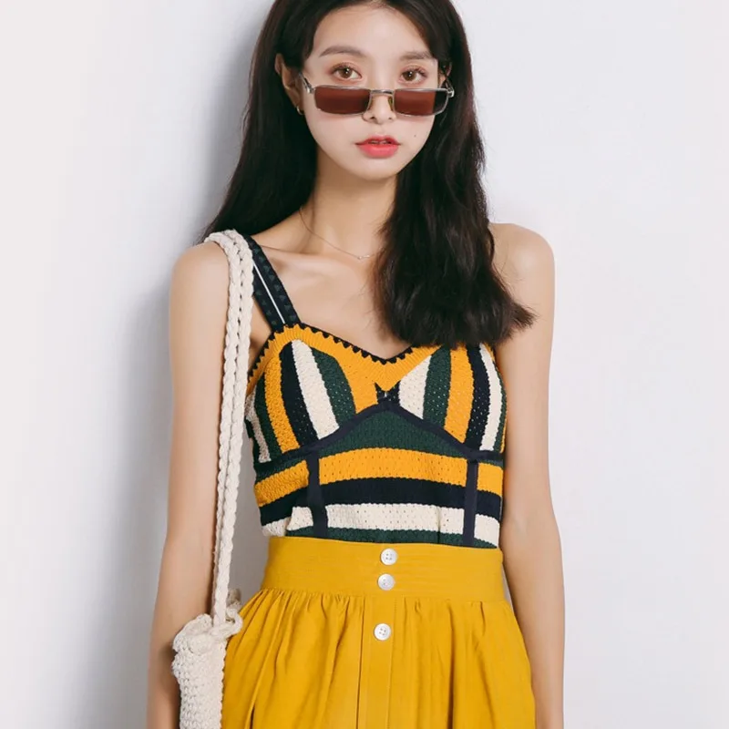 Summer Fashion Striped Pullover Knitted Tank Top Women's Sleeveless V Neck Camis Top Rk